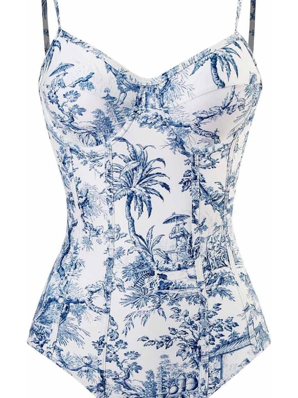 Blue and white toile one piece women’s swimsuit (small)